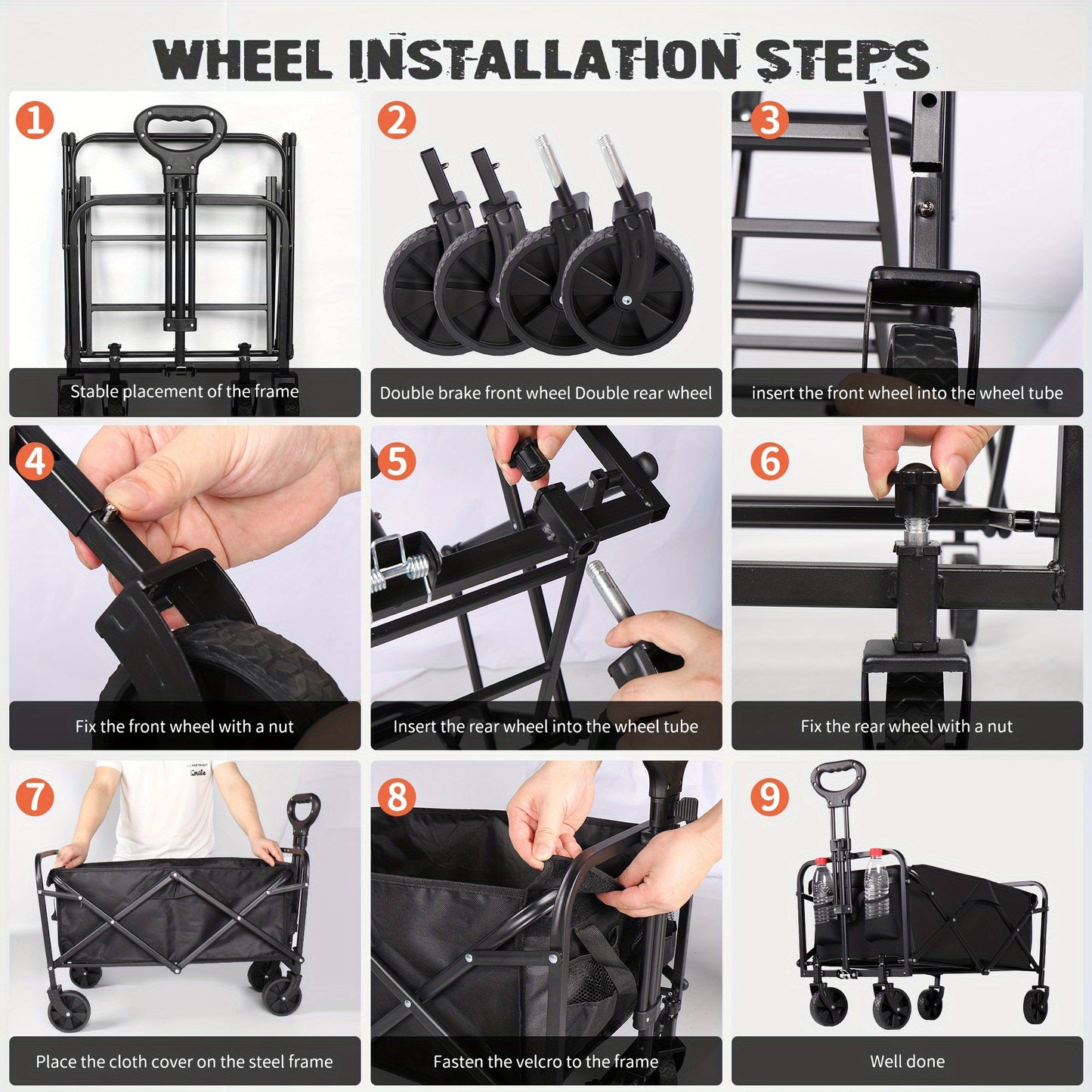 Step-by-step guide to installing wheels on a cart with numbered instructions.