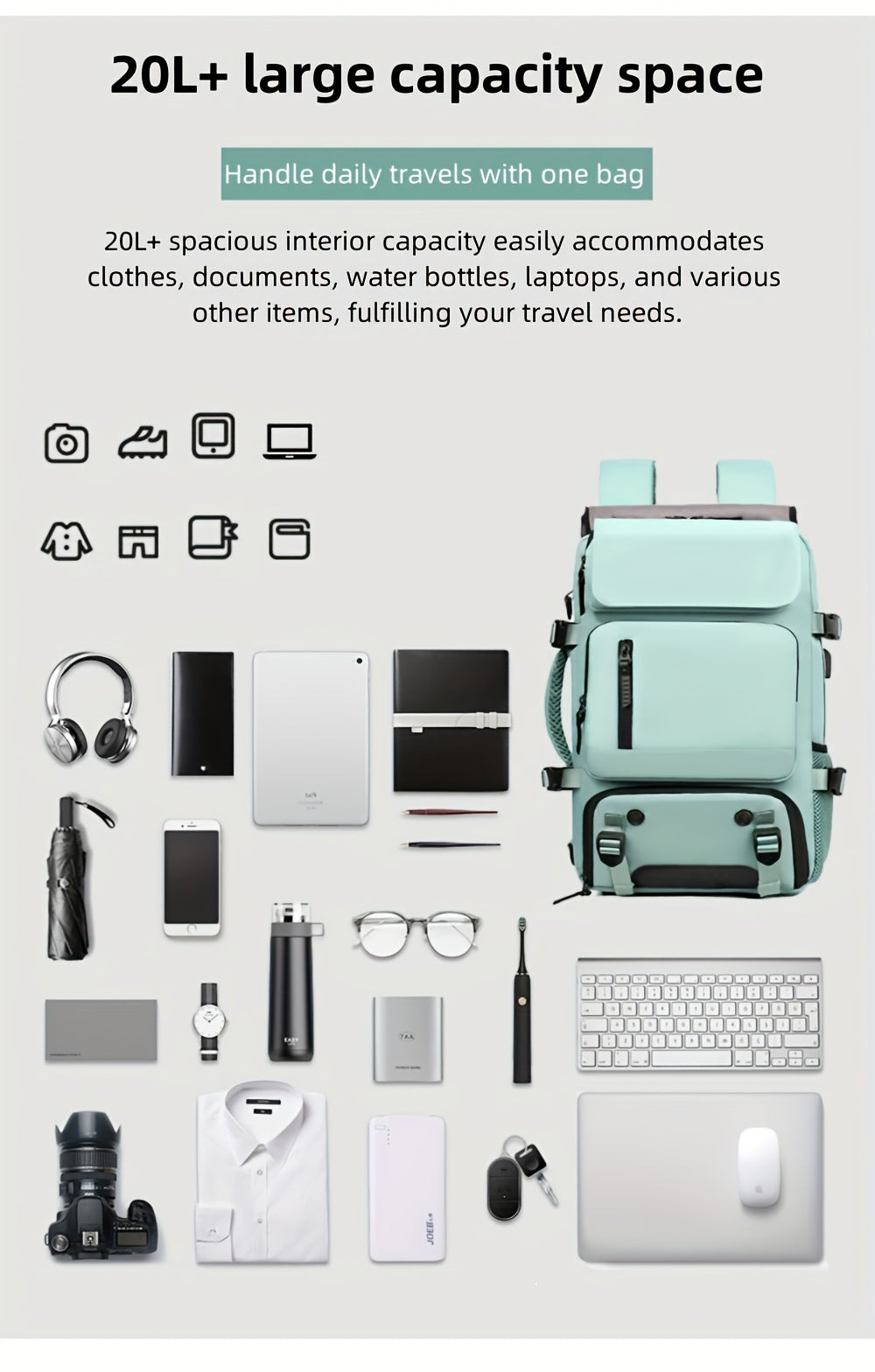Teal backpack with various items on a white background, highlighting its large capacity.