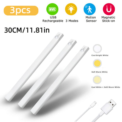 Three USB rechargeable LED lights with features listed above on a white background