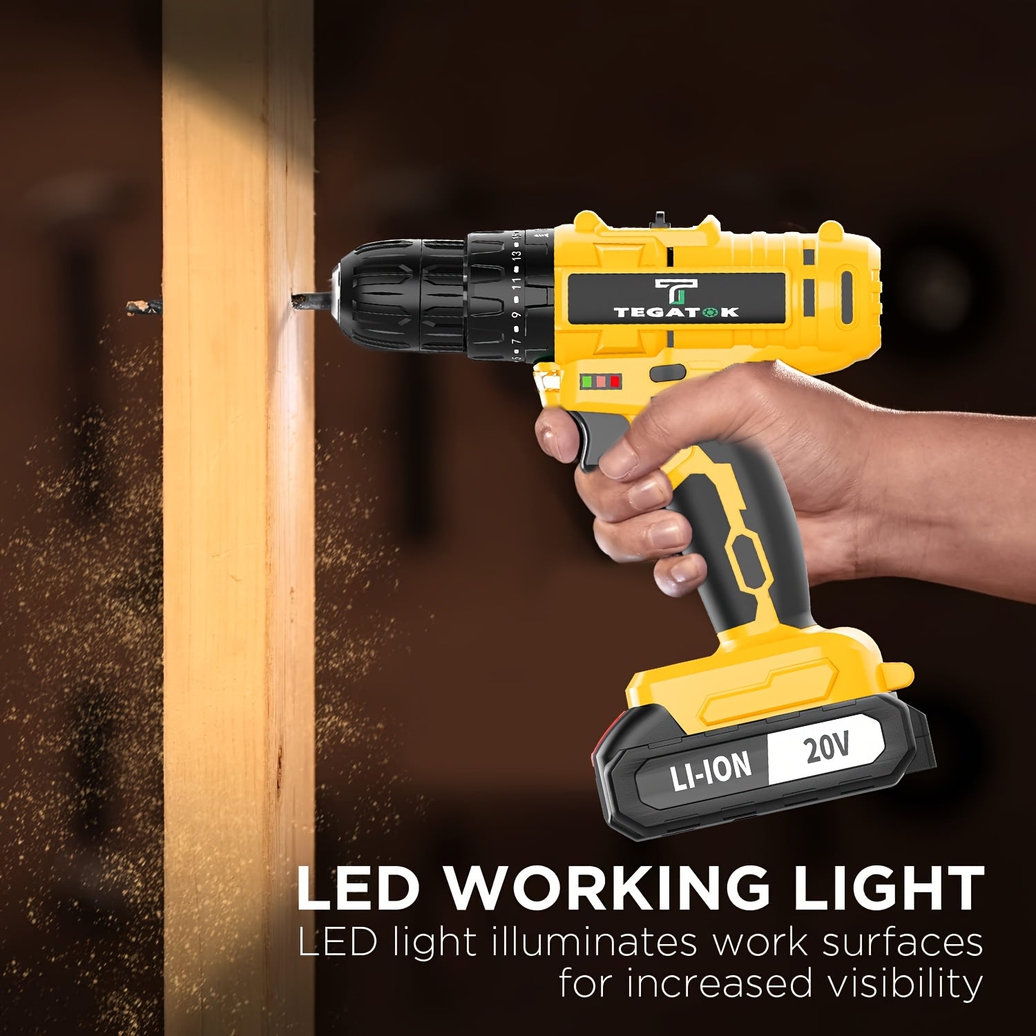 Yellow cordless drill being used on a wooden surface with 'Tegatek' branding.