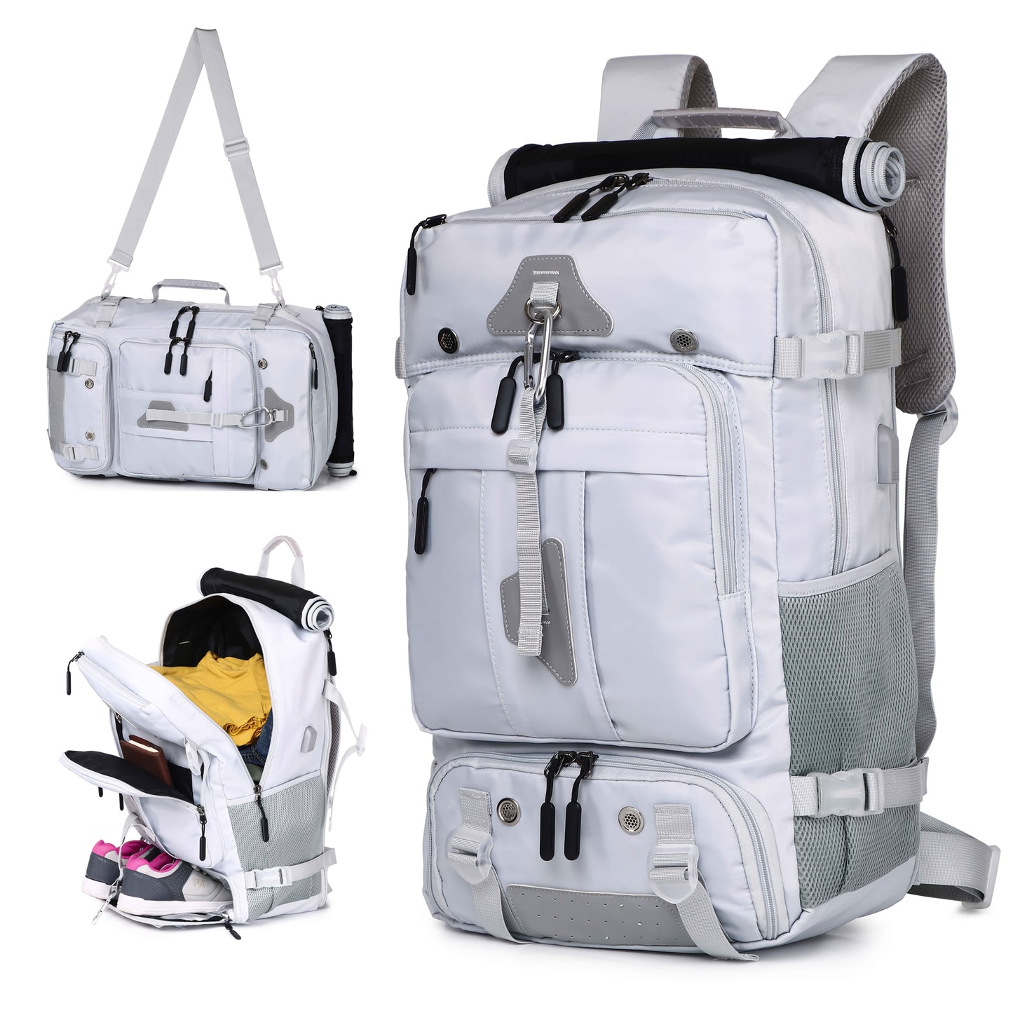 Gray backpack with multiple compartments and a shoulder strap on a white background