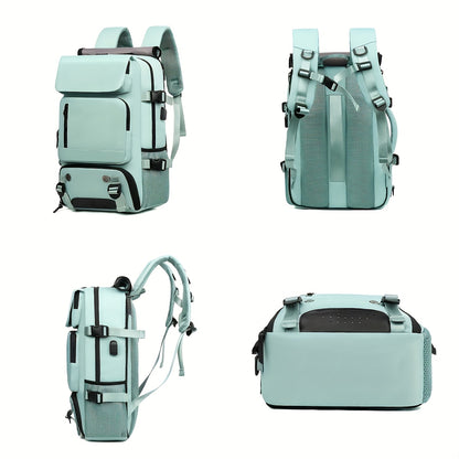 Light blue backpack shown from multiple angles on a white background