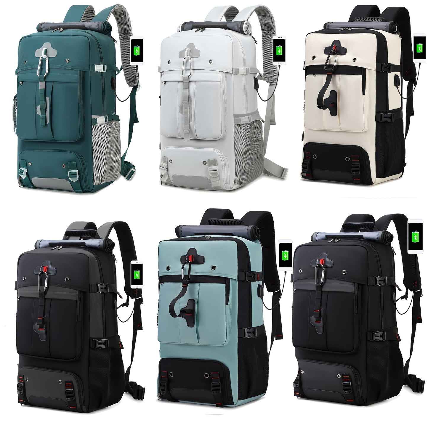 Six backpacks in different colors on a white background