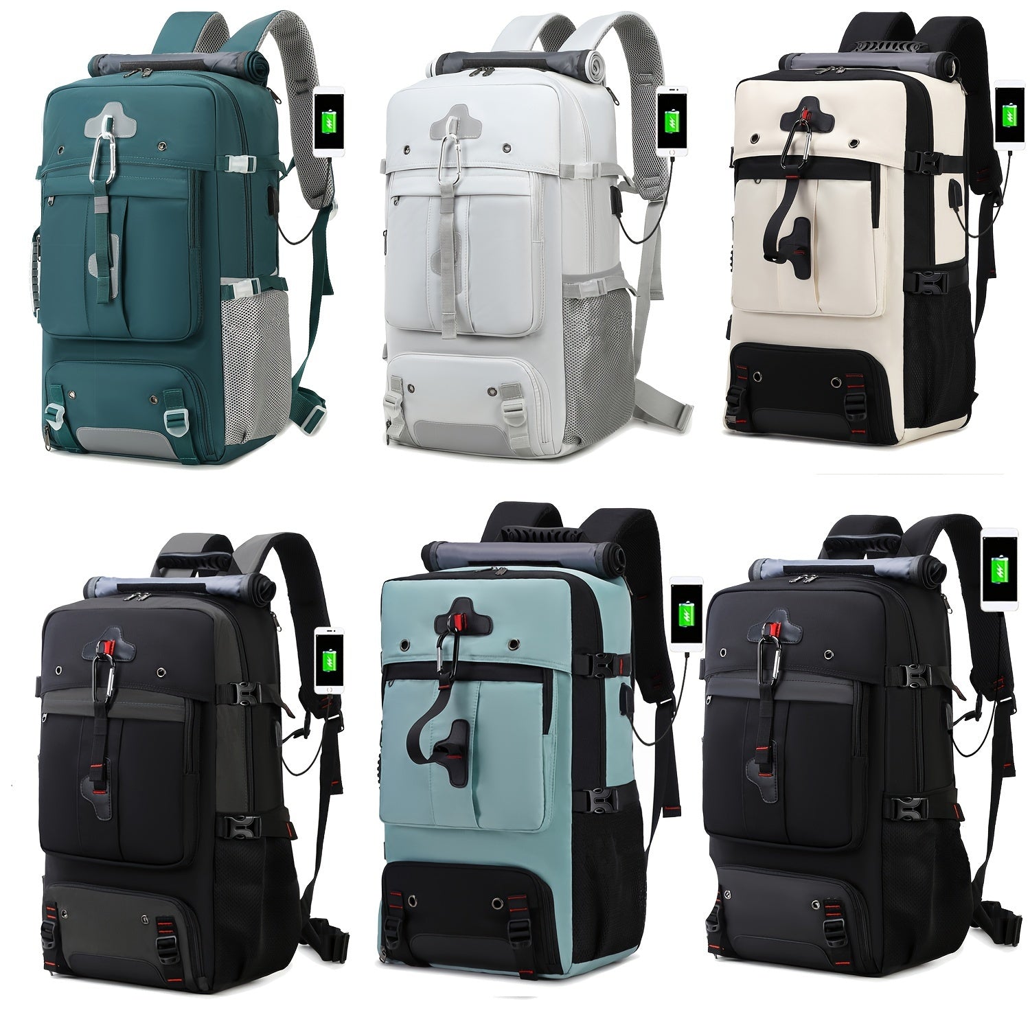 Six backpacks in different colors on a white background