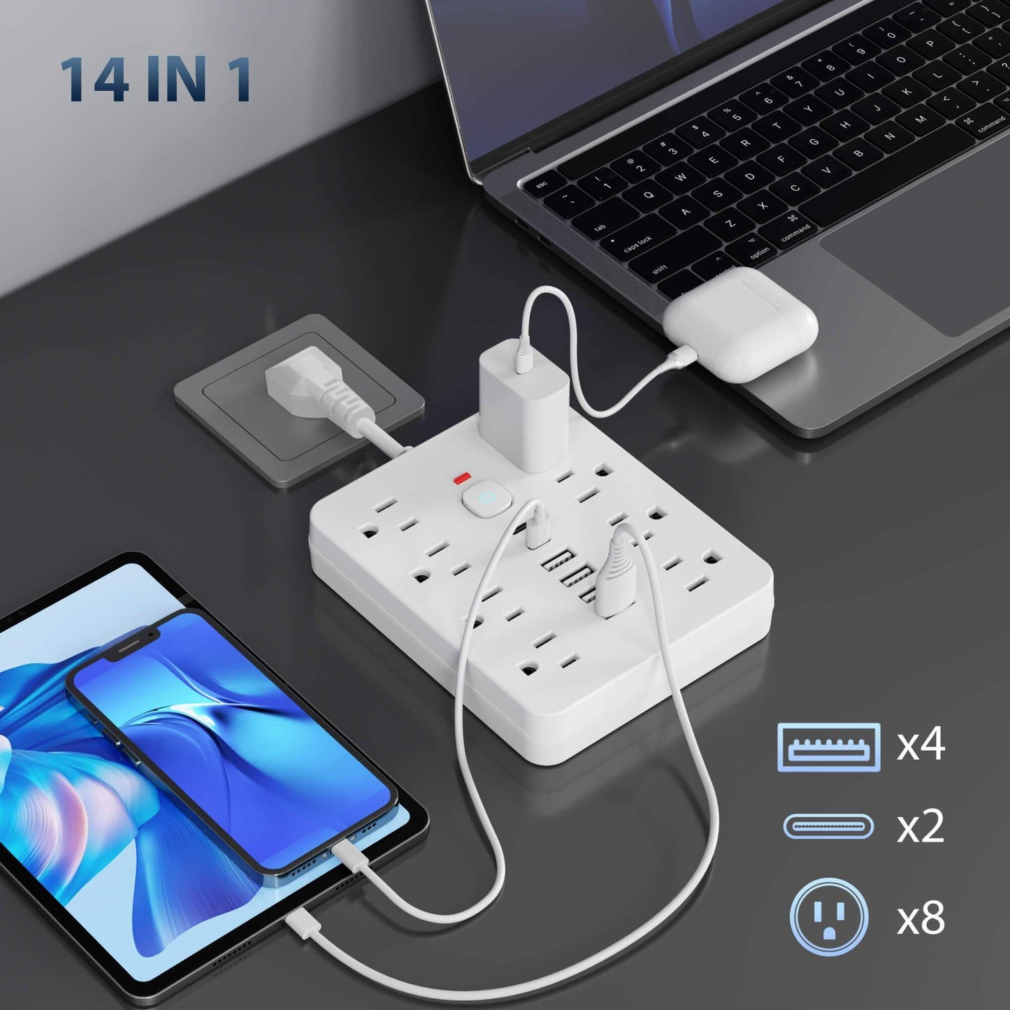 14-in-1 multi-port charging station with smartphone, laptop, and mouse on a desk.
