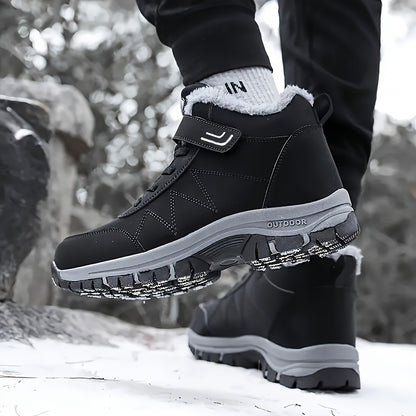 Black winter boots with gray soles worn by a person in a snowy landscape
