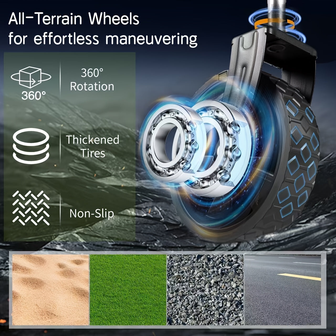 All-terrain wheel with features highlighted on a dark background