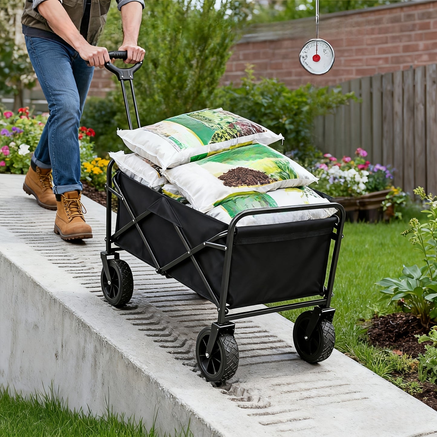Person pushing a black folding cart with gardening supplies on a garden path.