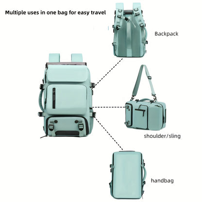 Multifunctional light blue bag shown in various forms including backpack, shoulder/sling, and handbag.