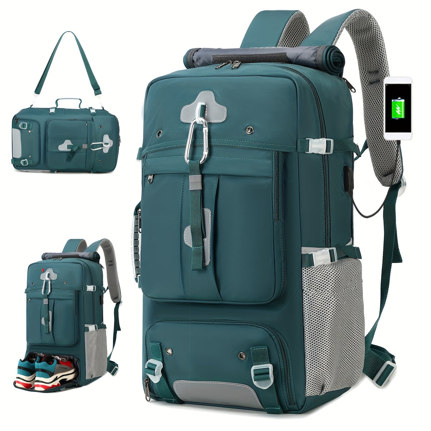 Teal travel backpack with multiple compartments and accessories on a white background