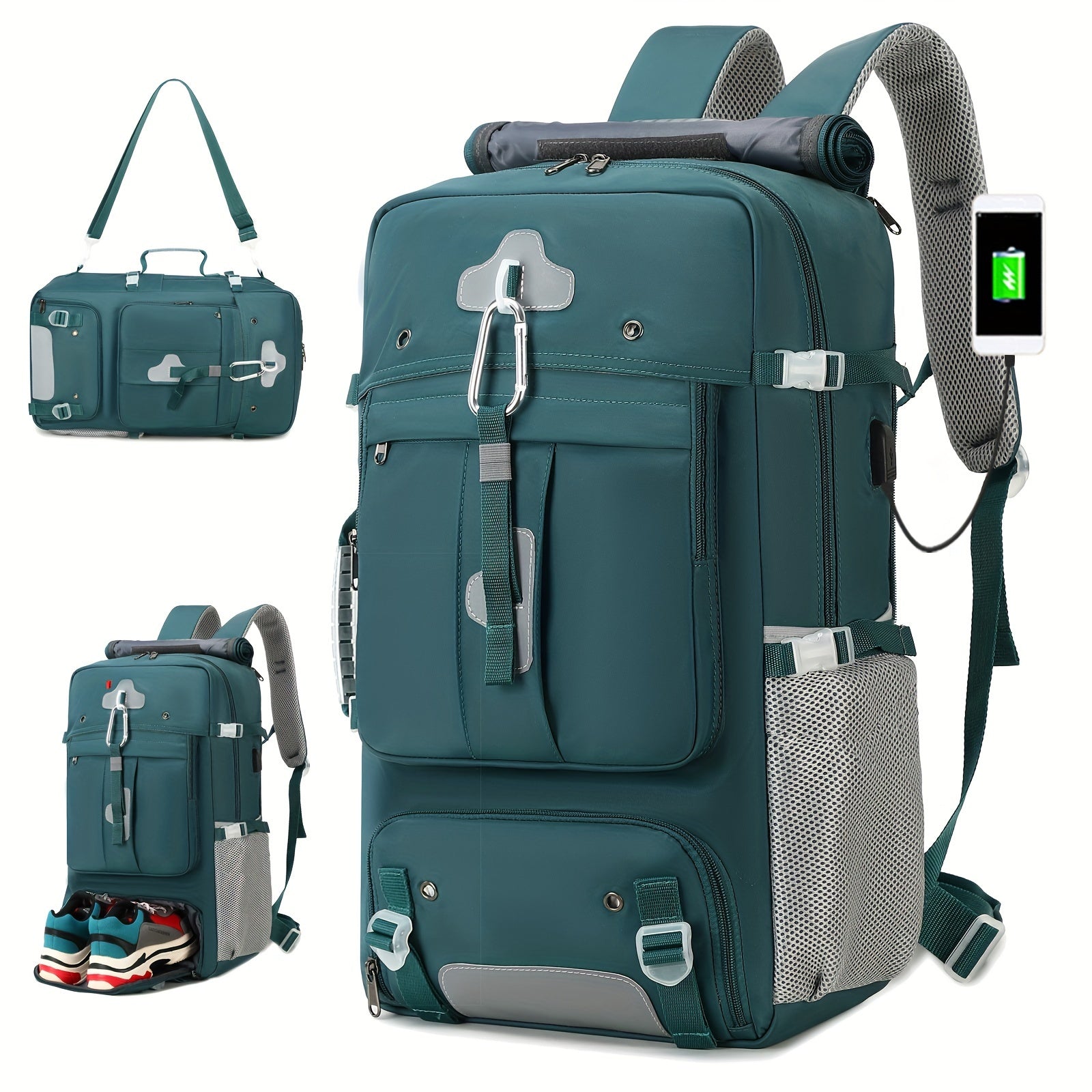 Teal travel backpack with multiple compartments and accessories on a white background