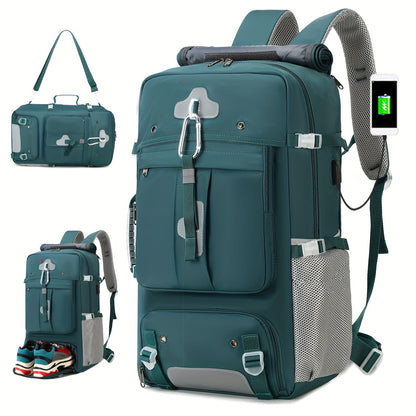 Teal travel backpack with multiple compartments and accessories on a white background