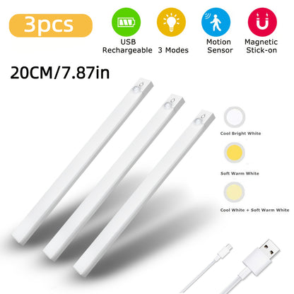 Three USB rechargeable LED lights with features listed above on a white background