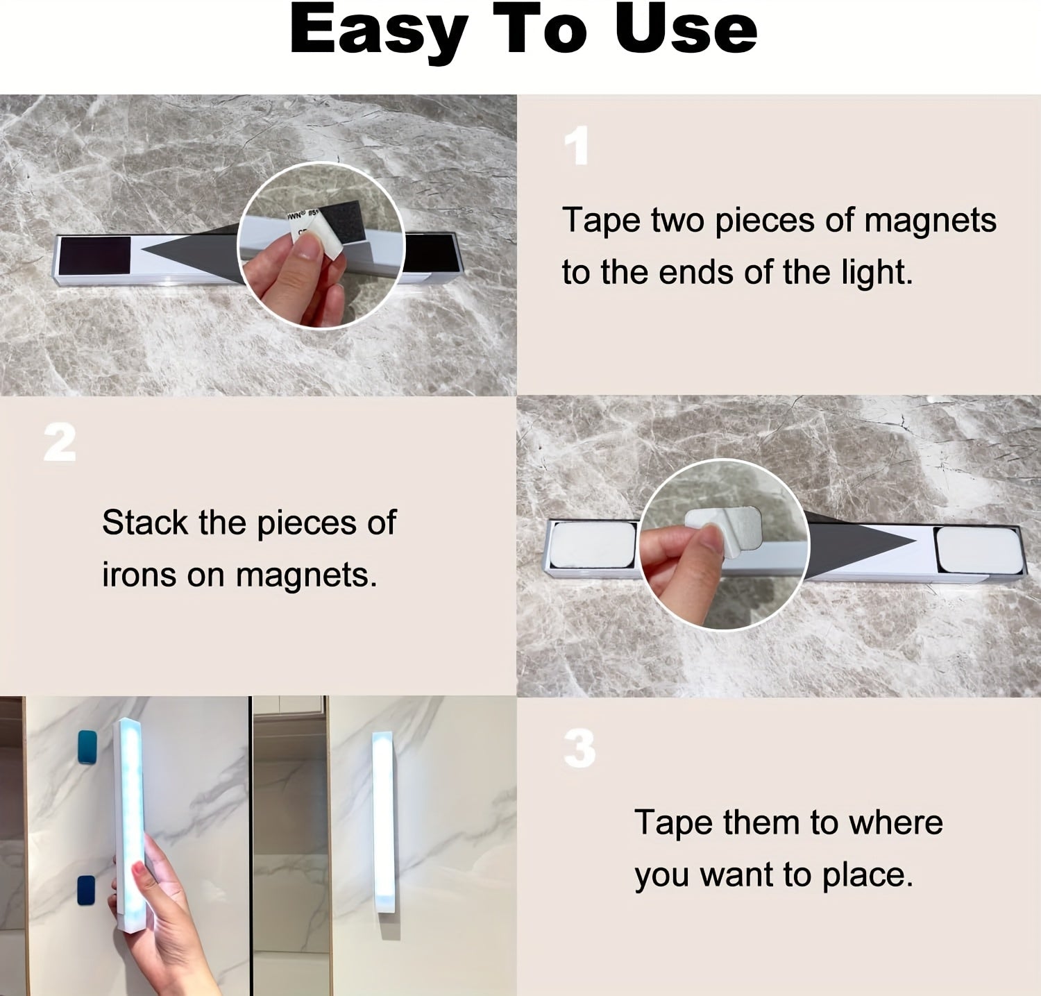 Step-by-step guide on how to use magnetic light strips with text instructions.