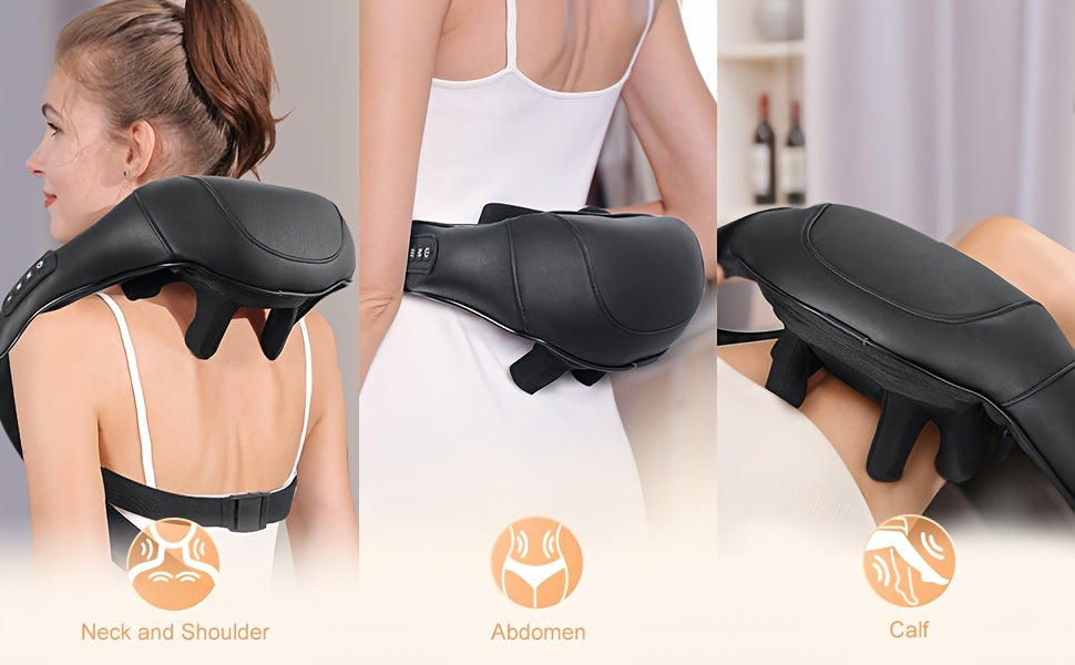 Black massage device being used on neck, shoulder, abdomen, and calf areas.