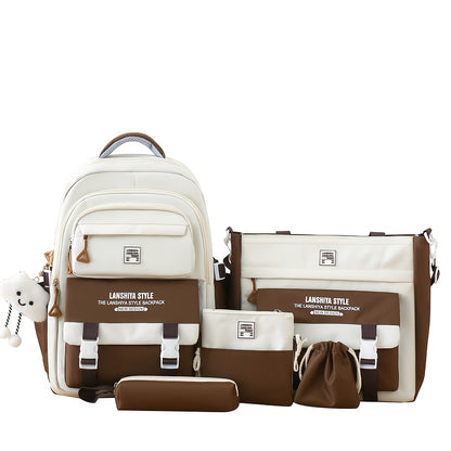 5-Piece Solid Color Backpack Set for School & Travel