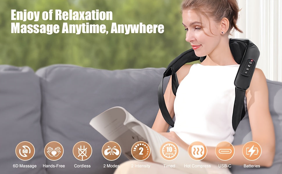 Woman using a neck and shoulder massager with text 'Enjoy of Relaxation Massage Anytime, Anywhere' on a blurred outdoor background.