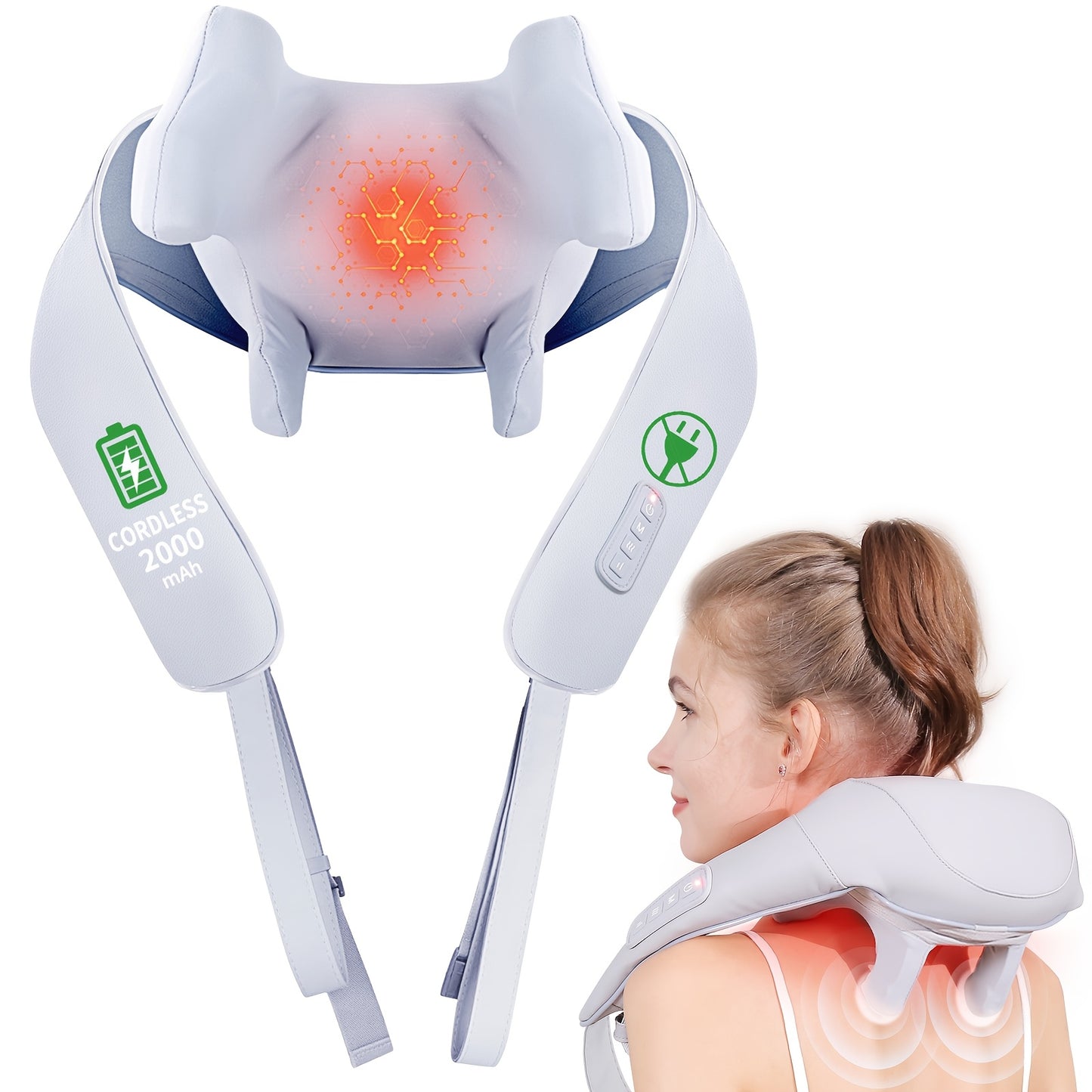 Neck and shoulder massager with glowing red light on a white background