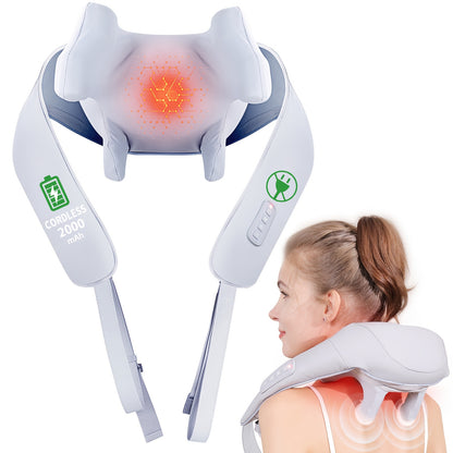 Neck and shoulder massager with glowing red light on a white background