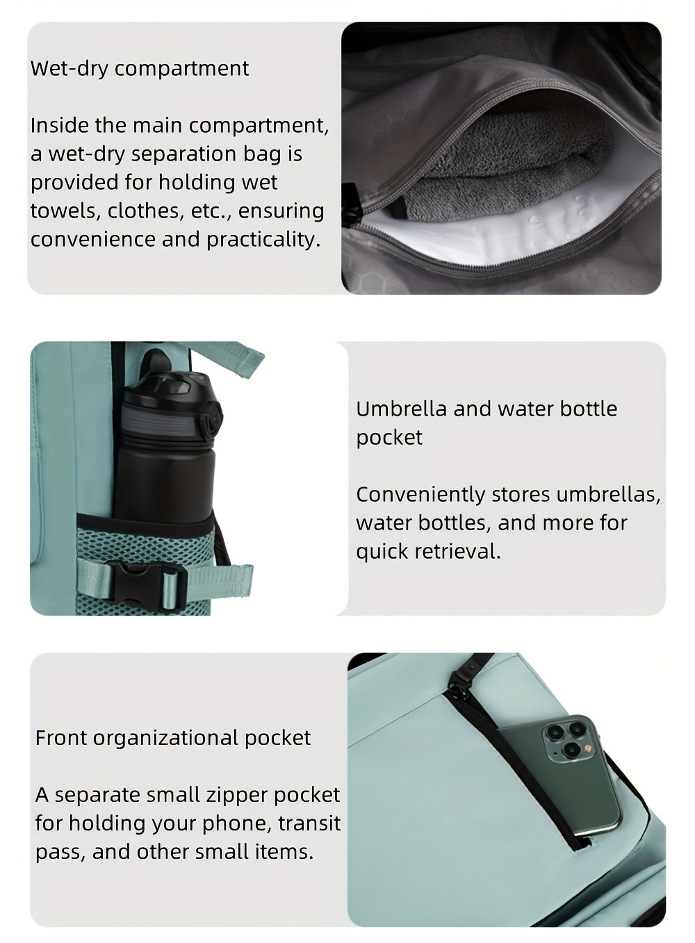 Multifunctional bag with wet-dry compartment, umbrella/water bottle pocket, and front organizational pocket.