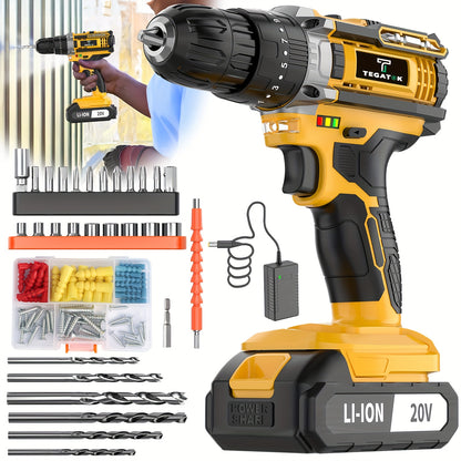 Yellow cordless drill with accessories on a white background