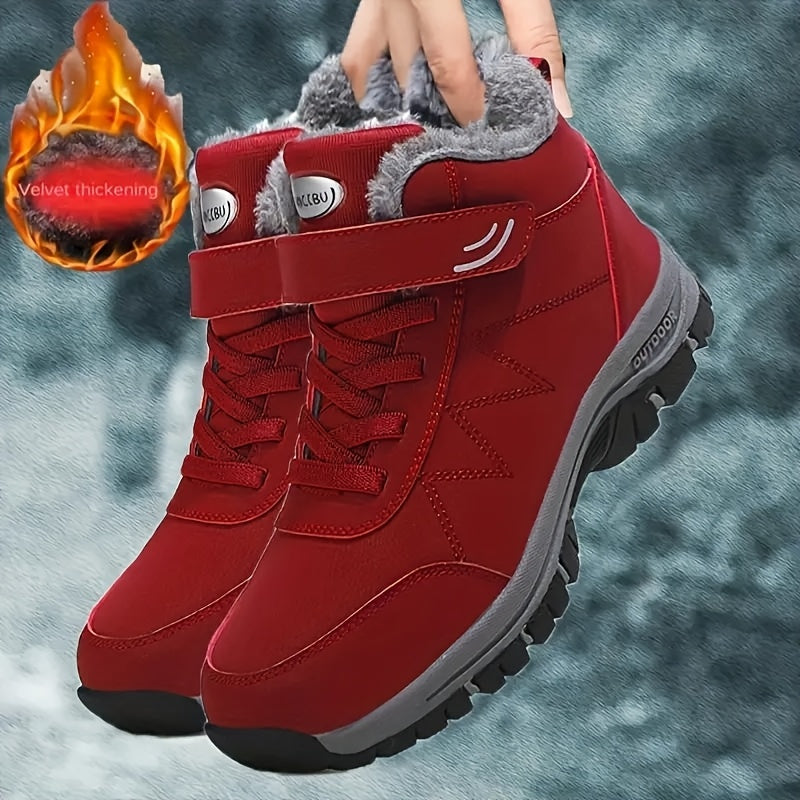 Red winter boots with gray fur lining held by a hand against a textured gray background.
