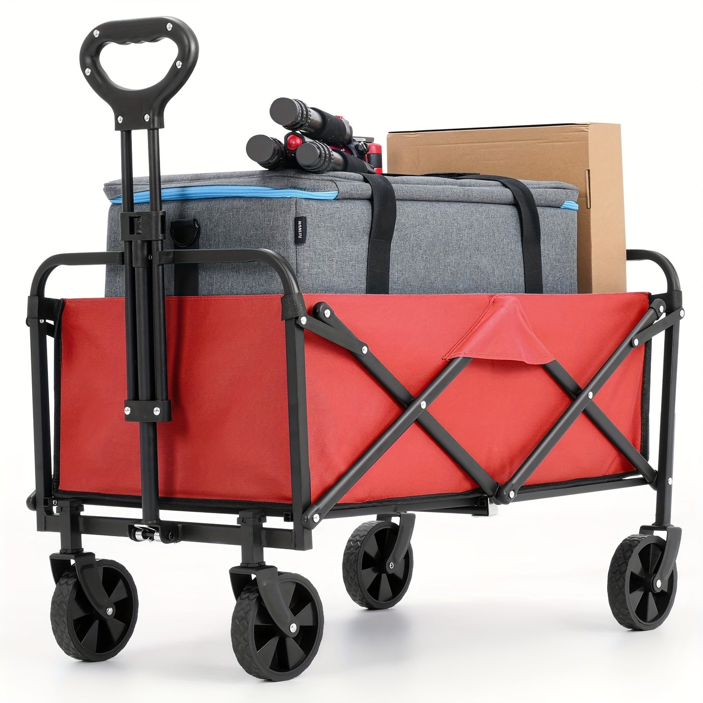 Red folding wagon with black handle and wheels, carrying a gray suitcase and cardboard box on a white background.
