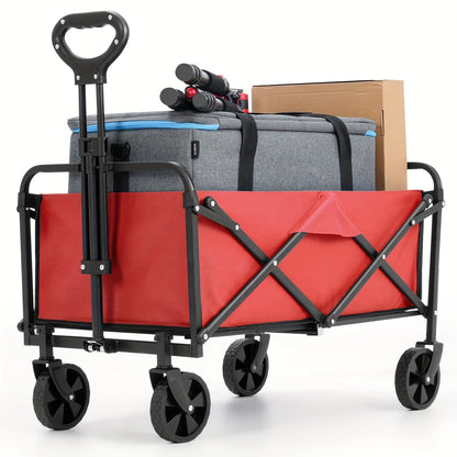 Red folding wagon with black handle and wheels, carrying a gray suitcase and cardboard box on a white background.