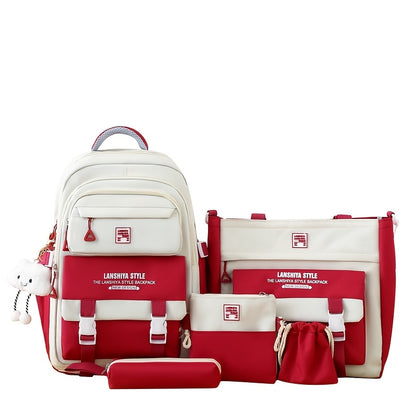 5-Piece Solid Color Backpack Set for School & Travel