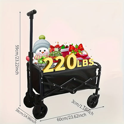 Black folding cart with Christmas decorations and weight capacity text on a light pink background
