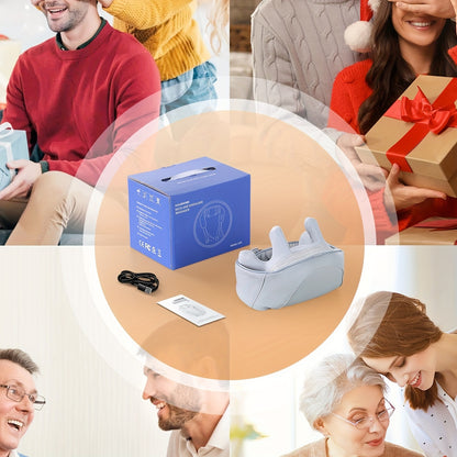 Collage of people opening gifts and a close-up of a VR headset and accessories on a table.