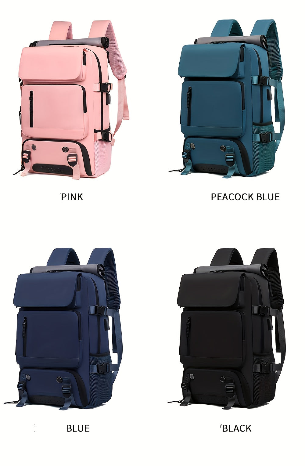Four backpacks in different colors on a white background