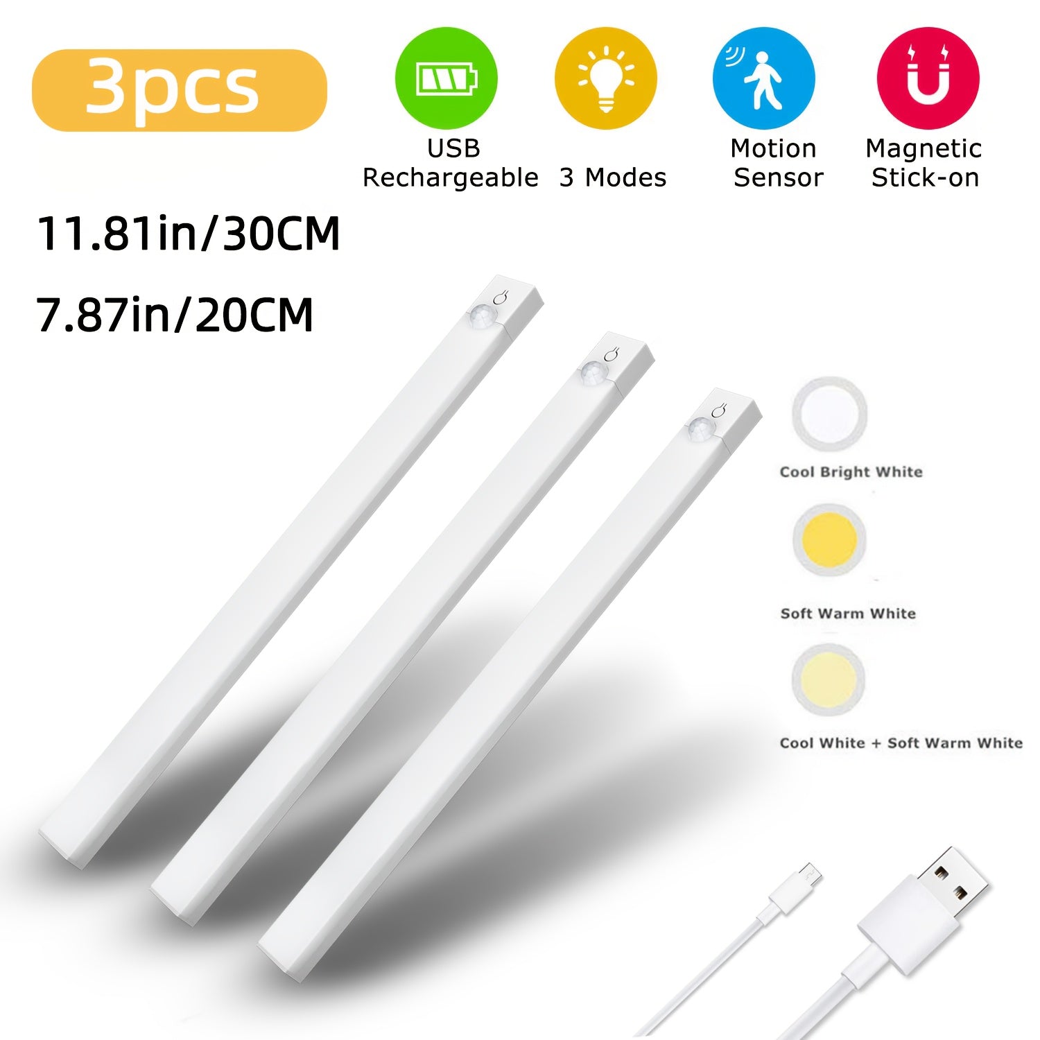 Three USB rechargeable LED lights with features listed on a white background