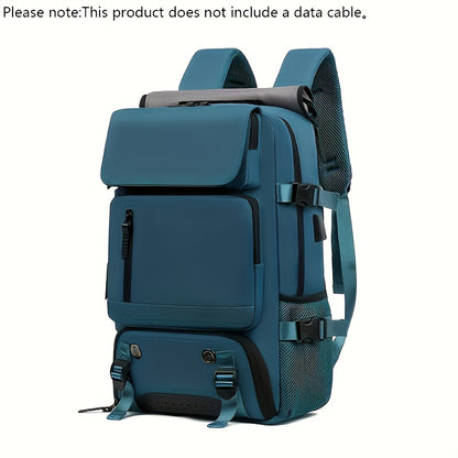 Blue backpack on a white background with text indicating no data cable included.