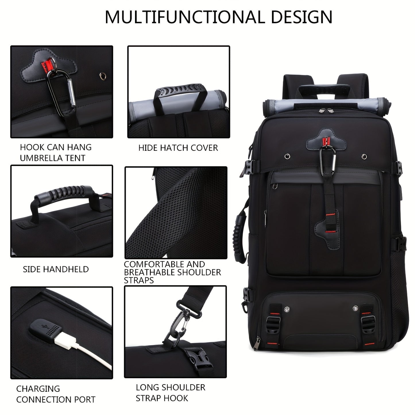 Black backpack with various features highlighted on a white background