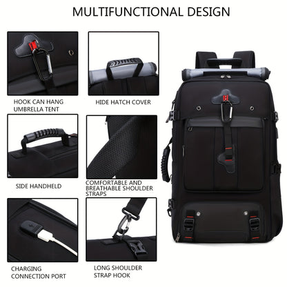 Black backpack with various features highlighted on a white background