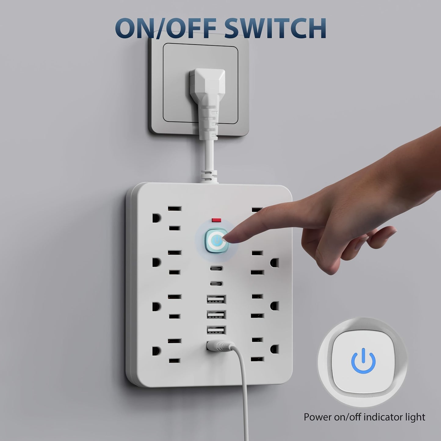 Wall-mounted power strip with on/off switch and multiple outlets, hand pressing the switch.