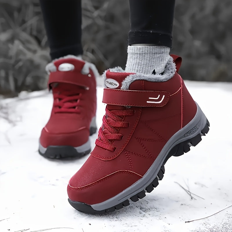 Red winter boots with gray soles on a snowy ground