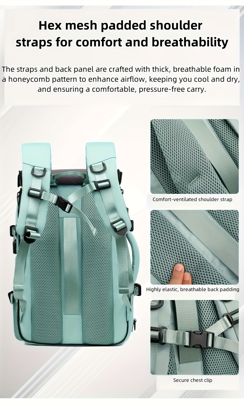 Light blue backpack with hex mesh padded shoulder straps and back panel on a white background.