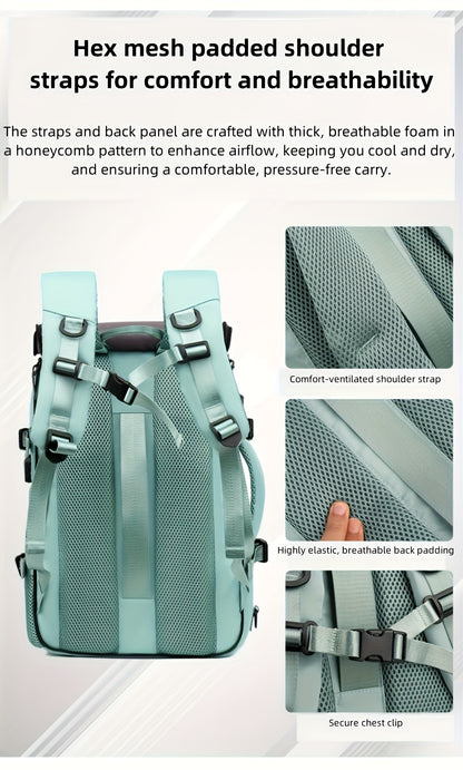 Light blue backpack with hex mesh padded shoulder straps and back panel on a white background.