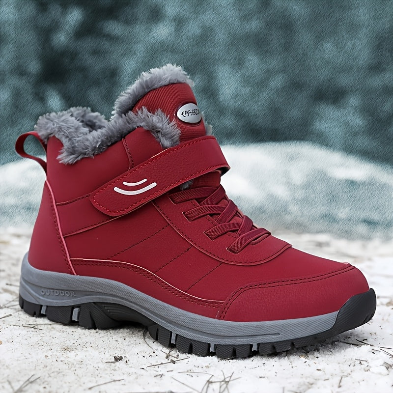 Red winter boot with gray fur lining and sole on a snowy background