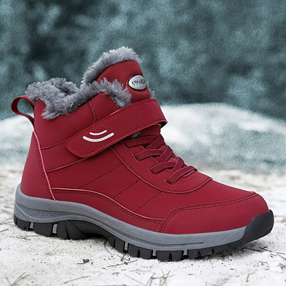 Red winter boot with gray fur lining and sole on a snowy background