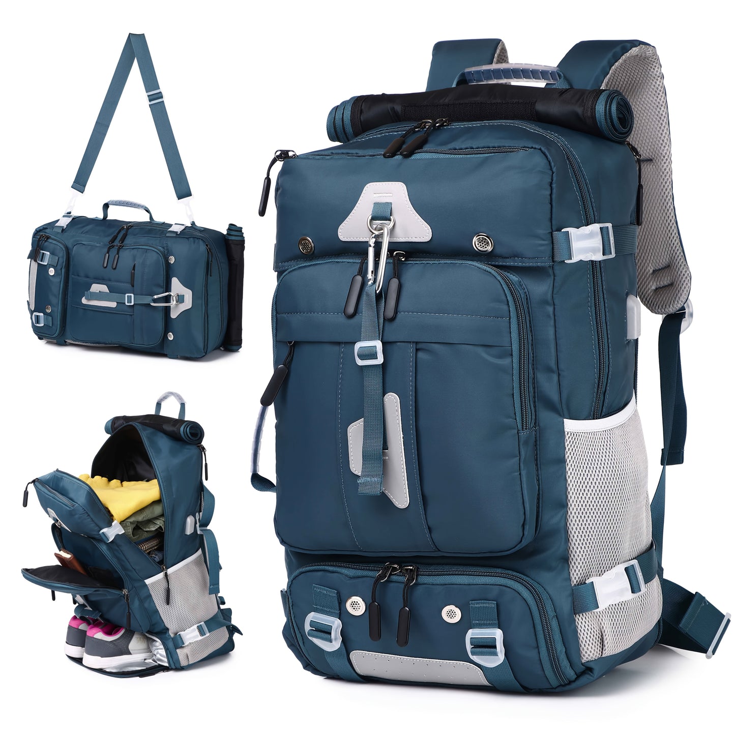 Blue travel backpack with multiple compartments and a detachable handle, on a white background.