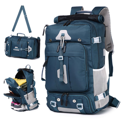Blue travel backpack with multiple compartments and a detachable handle, on a white background.