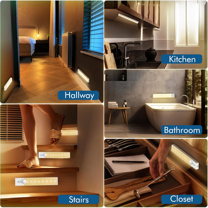 Collage of various indoor settings with light emitting devices labeled 'Hallway', 'Kitchen', 'Bathroom', 'Stairs', and 'Closet'.