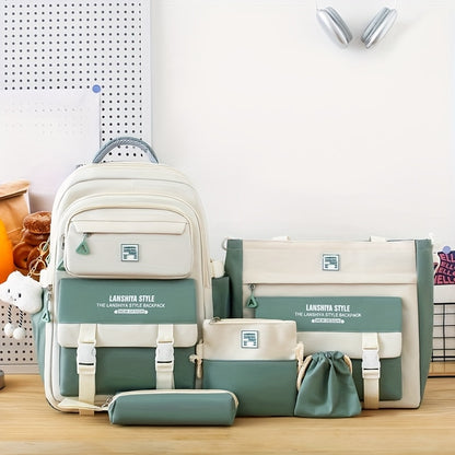 5-Piece Solid Color Backpack Set for School & Travel