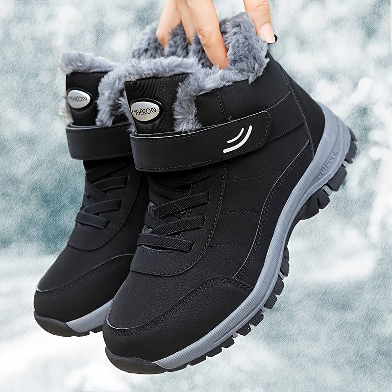 Black winter boots with gray fur lining held by a hand against a snowy background