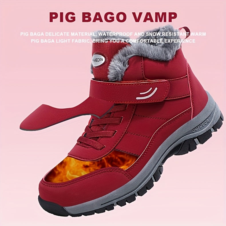 Red winter boot with gray fur lining on a pink background, featuring brand name 'Pig Bago Vamp'.