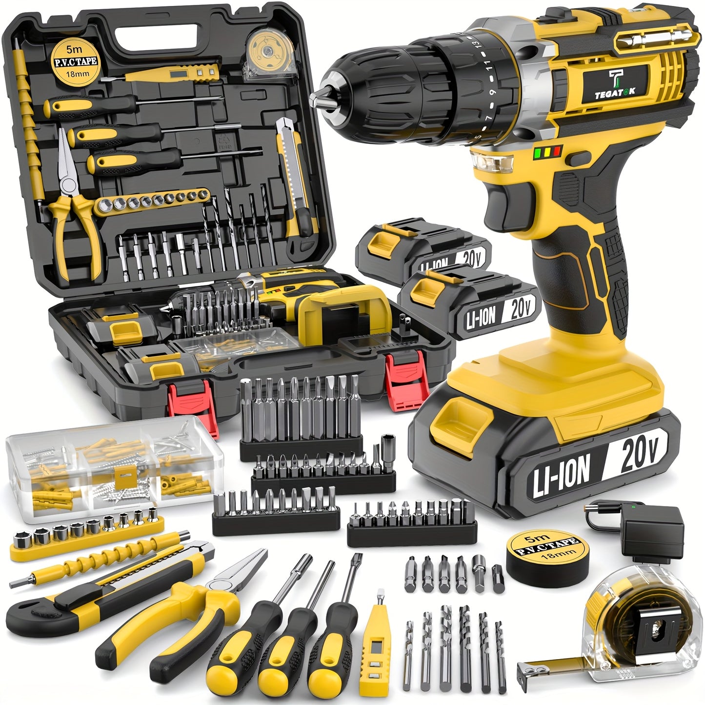 Walmart Power Tools Kit with cordless drill, batteries, and various tools on a white background