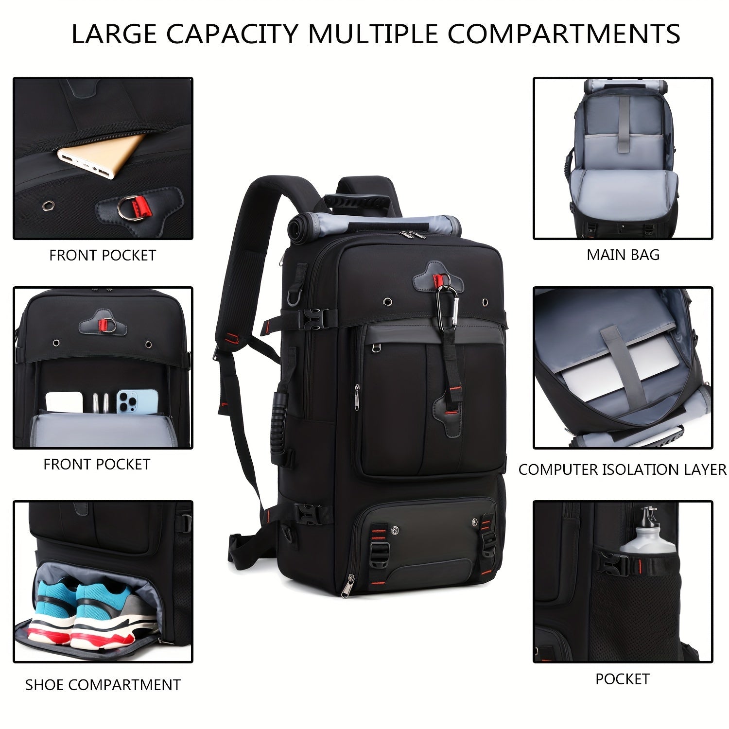 Black backpack with multiple compartments and features highlighted on a white background